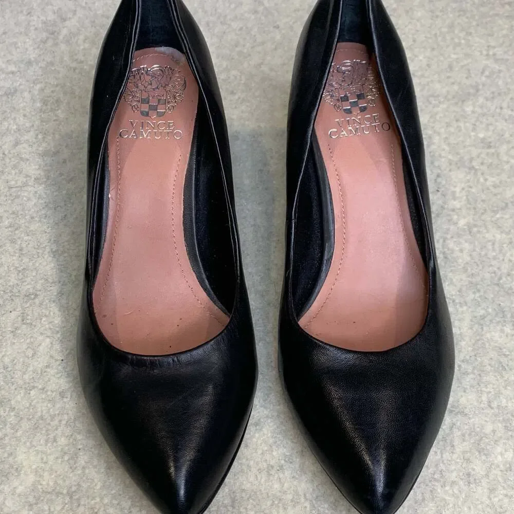 Vince Camuto Vickiy Black Leather Pointed Toe Kitten Heel Pumps Size 8M